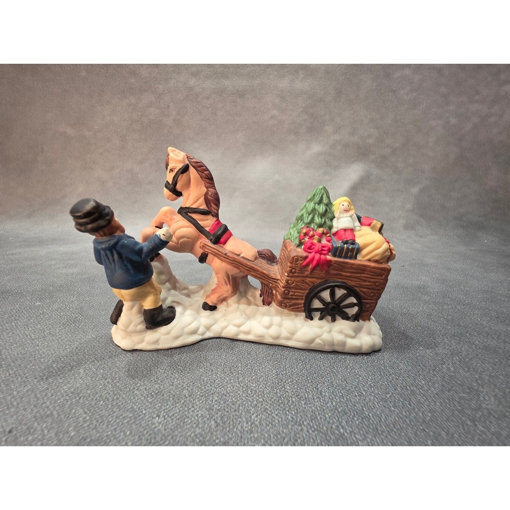 Vintage 1995 HY Ceramic Christmas Figurine Horse Drawn Toy Cart Winter Scene